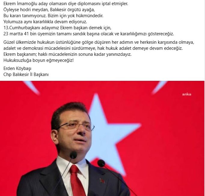 İmamoğlu’nun Diploması İptal Edildi, CHP’den Tepki Cumhuriyet Halk Partisi (CHP)
