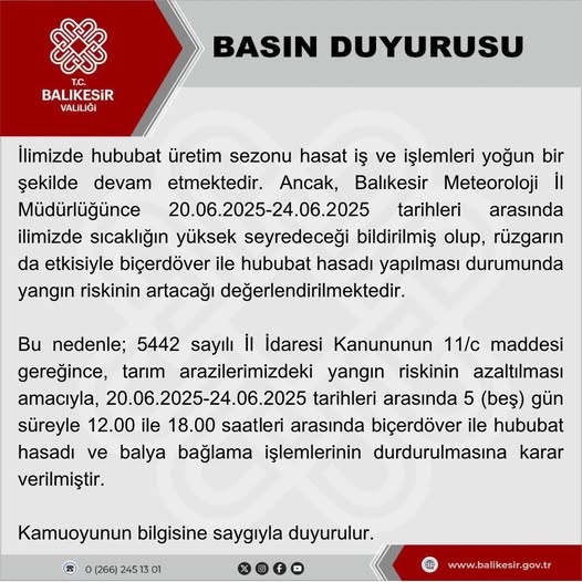 Balıkesir Valiliği, yaklaşan sıcak hava dalgası nedeniyle yangın riskine karşı