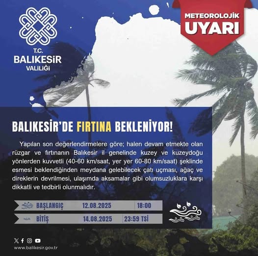 Balıkesir Valiliği, Meteoroloji Genel Müdürlüğü’nün verileri doğrultusunda il genelinde fırtına