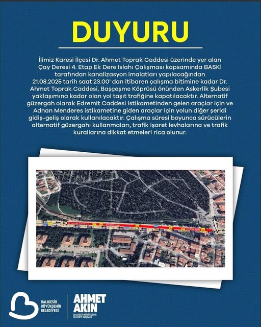 Balıkesir’de Dr. Ahmet Toprak Caddesi’nde bu gece saat 23:00’ten itibaren