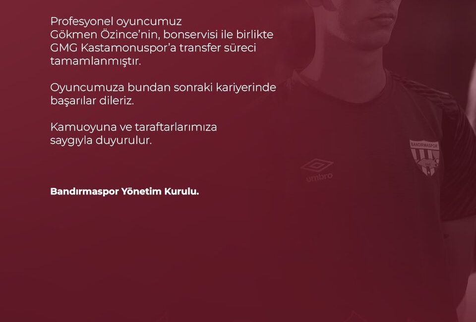 Bandırmaspor, yeni bir oyuncu transferi gerçekleştirdi. Kulüp, Gökmen Özince’nin kadrosuna
