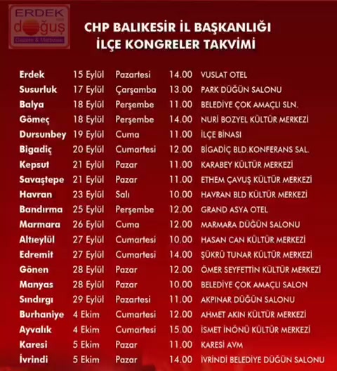 Cumhuriyet Halk Partisi (CHP) Balıkesir teşkilatının 20 ilçedeki kongre takvimi
