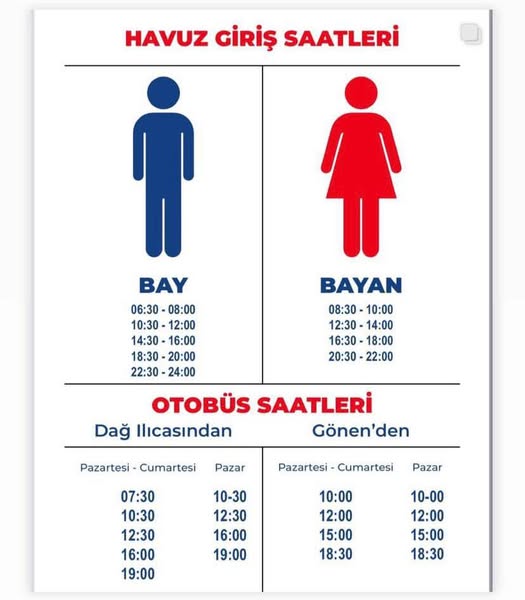 Gönen ilçesindeki Ekşidere Dağ Ilıcası’nda güncel havuz saatleri, otobüs sefer