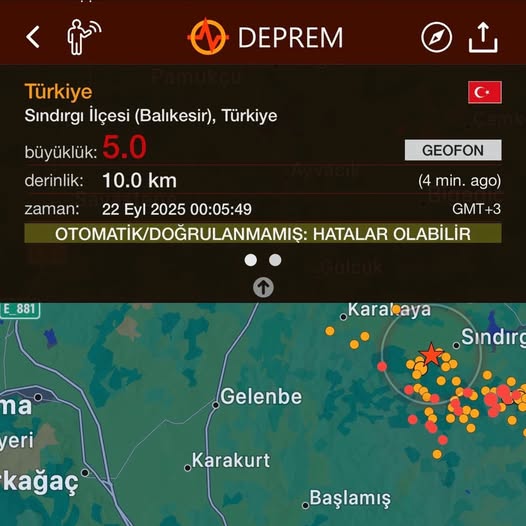 Balıkesir’in Sındırgı ilçesinde merkez üssü olan 5.0 büyüklüğünde bir deprem