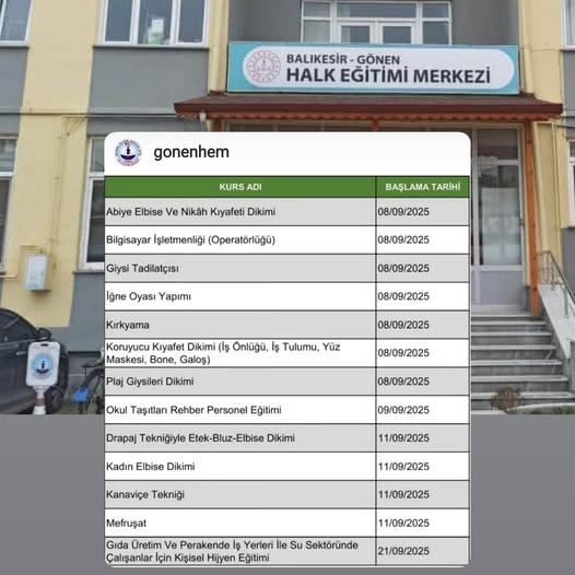 Gönen Halk Eğitim Merkezi, 2025 2026 eğitim dönemi için vatandaşlara