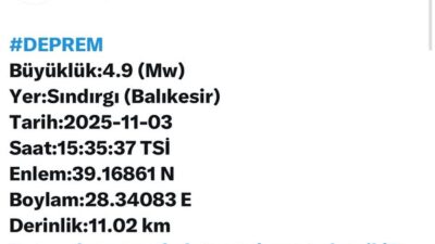 Balıkesir’de Orta Şiddette Deprem Balıkesir’in Sındırgı ilçesi açıklarında, 4.9 büyüklüğünde