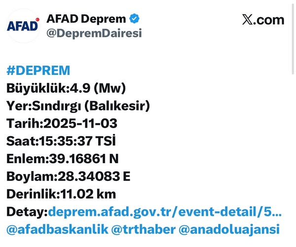 Balıkesir’de Orta Şiddette Deprem Balıkesir’in Sındırgı ilçesi açıklarında, 4.9 büyüklüğünde