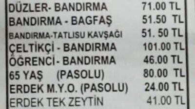 Erdek-Bandırma ve Bandırma içi toplu taşıma ücretleri değişti! Yeni tarife